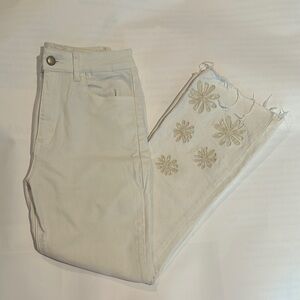 Women's Cream Jeans with Floral Embroidery